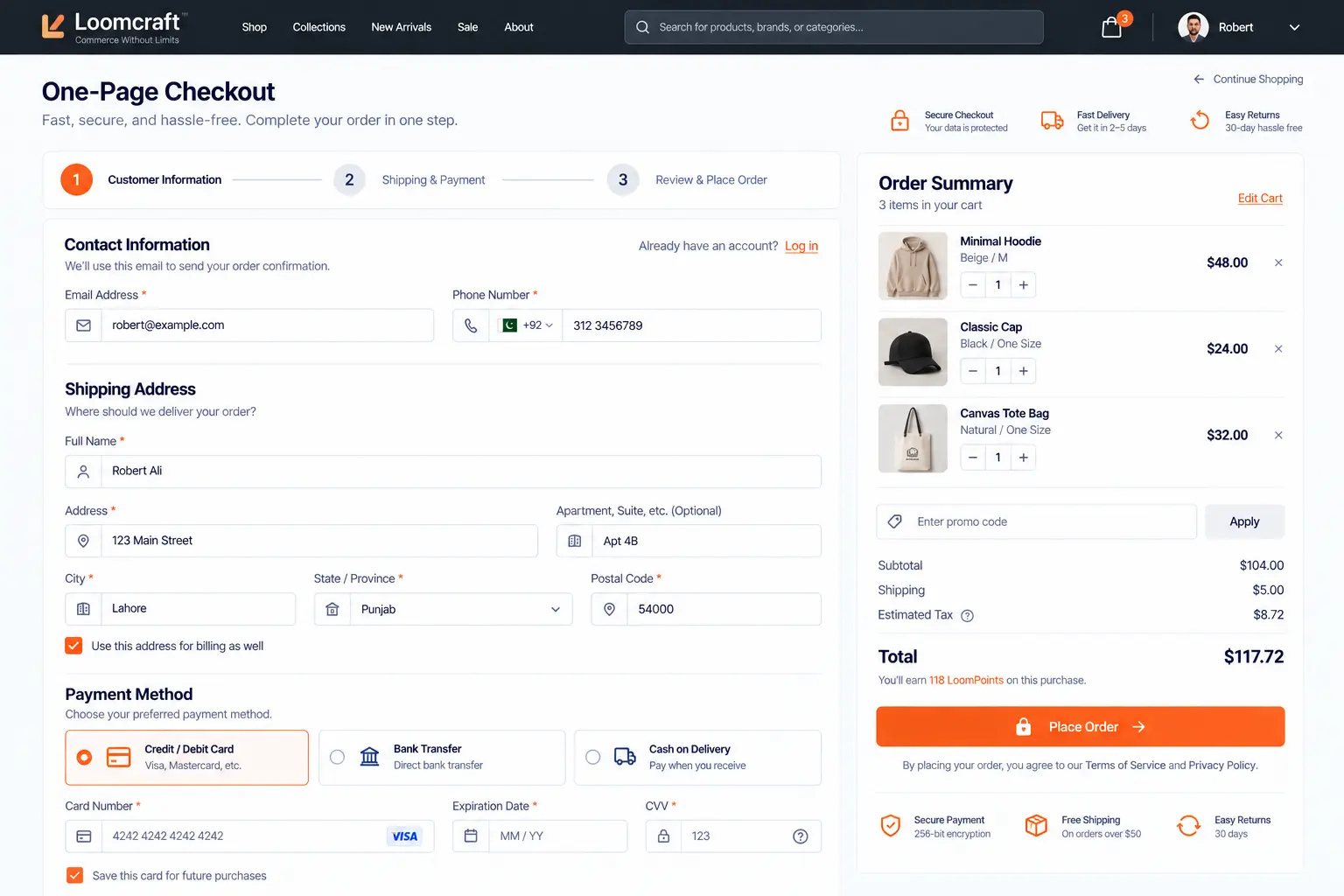 Loomcraft streamlined one-page checkout