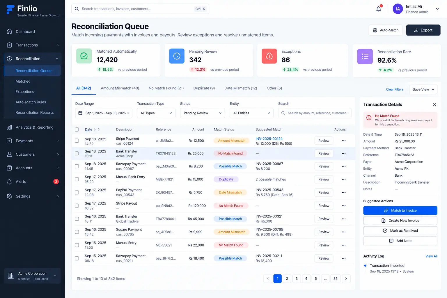 Automated reconciliation queue surfacing payment exceptions for review