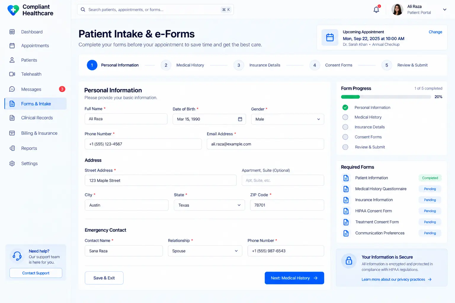 Digital patient intake and e-forms in the Medora Health platform