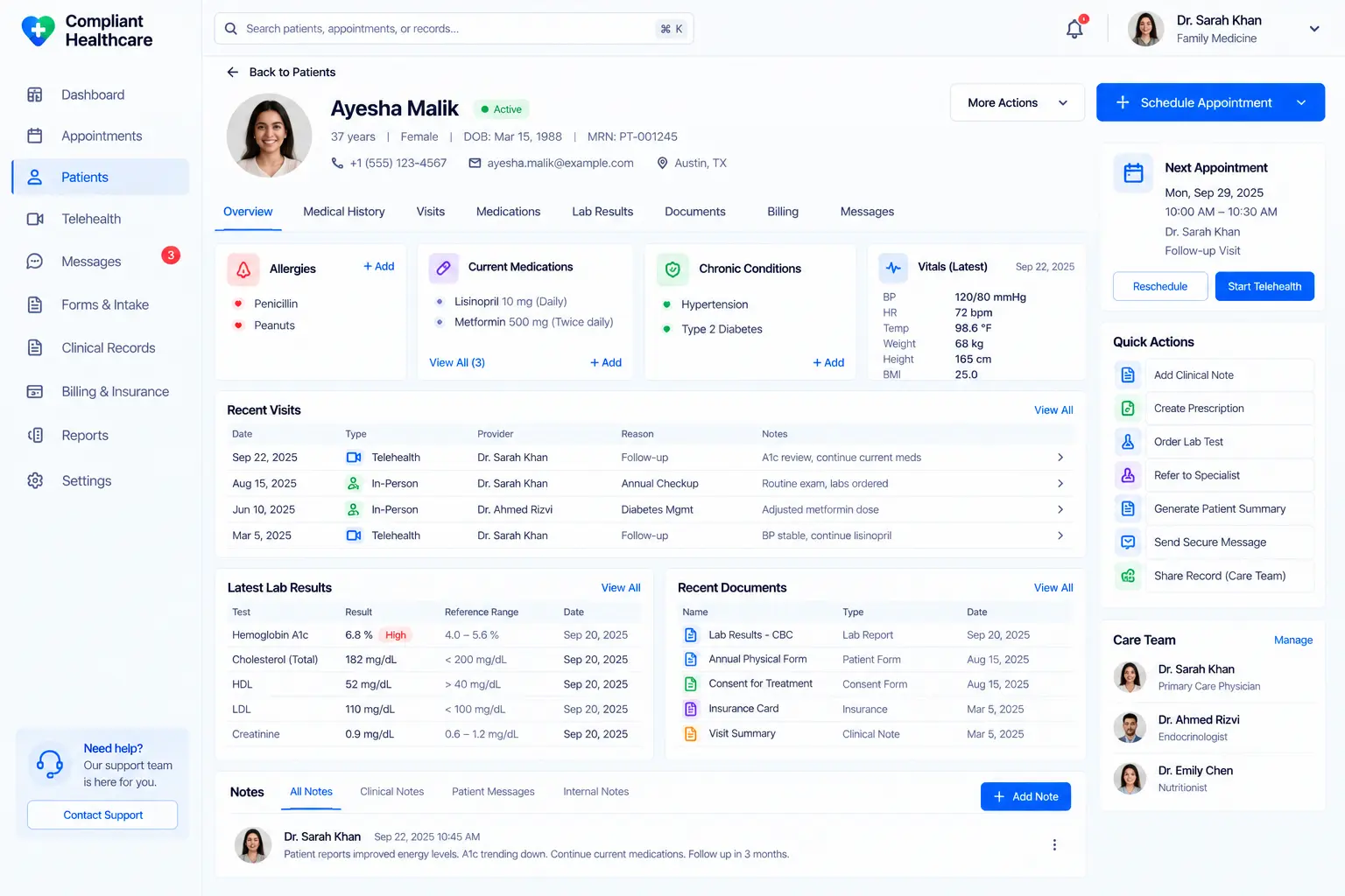 Unified patient chart and record view in the Medora Health platform