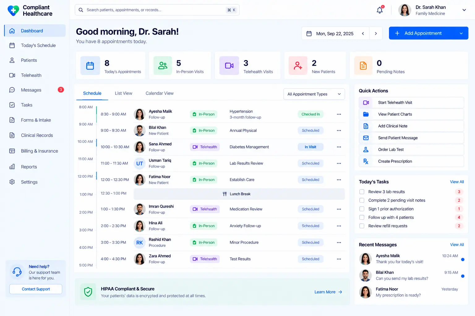 Medora Health provider dashboard showing today's patient schedule
