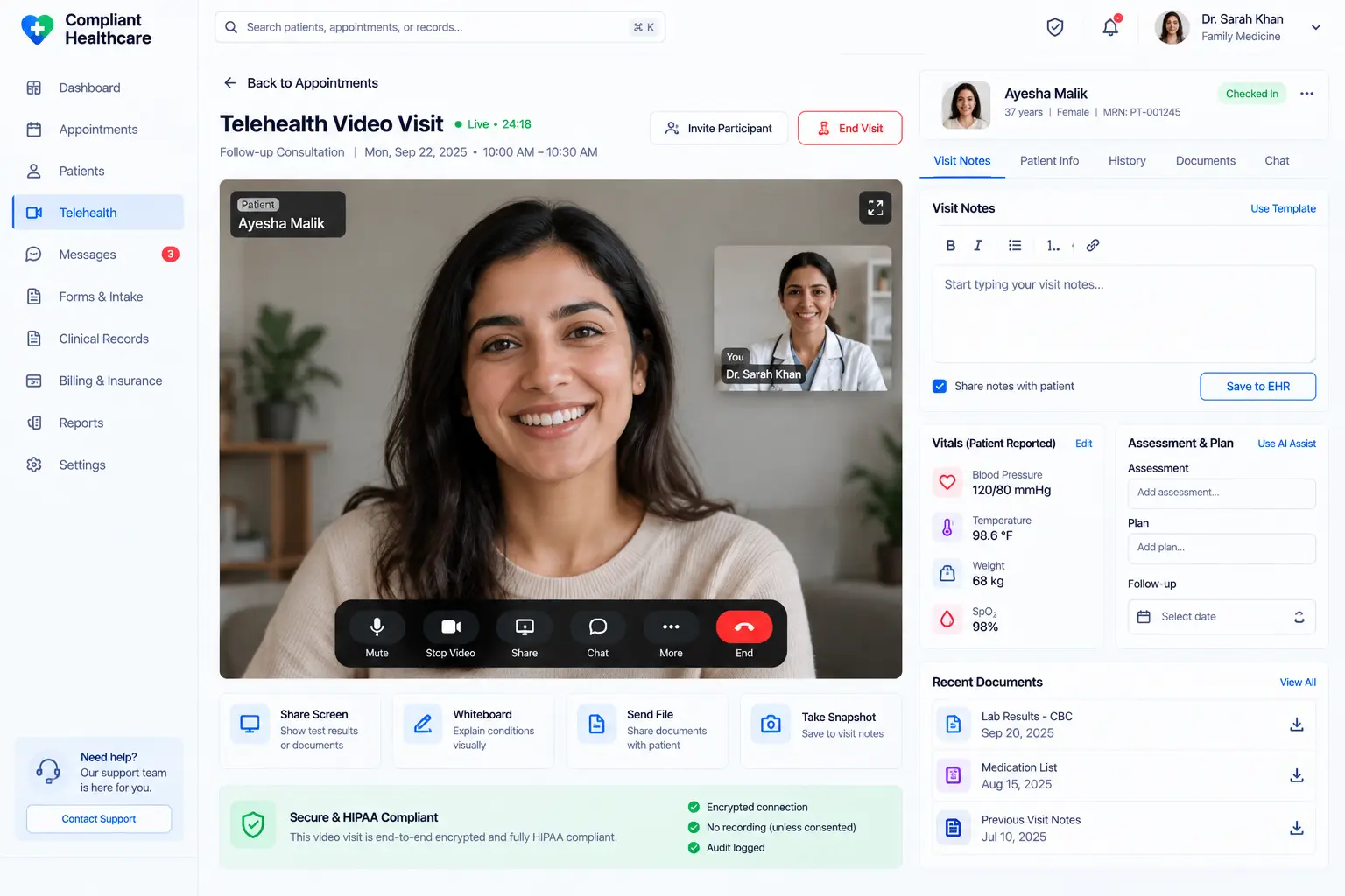 Medora Health telehealth video visit in a HIPAA-compliant healthcare SaaS platform